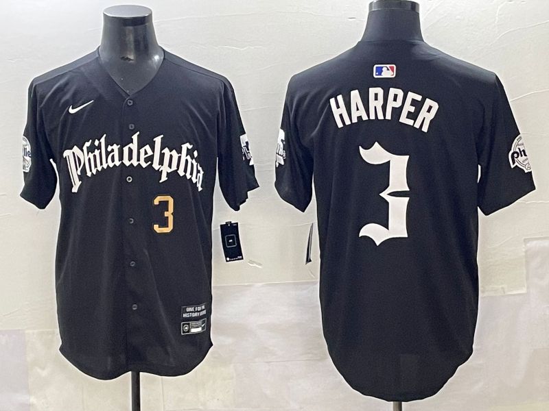 Men 2025 Philadelphia Phillies #3 Harper Black Five generations Joint Name Nike MLB Jersey style 2